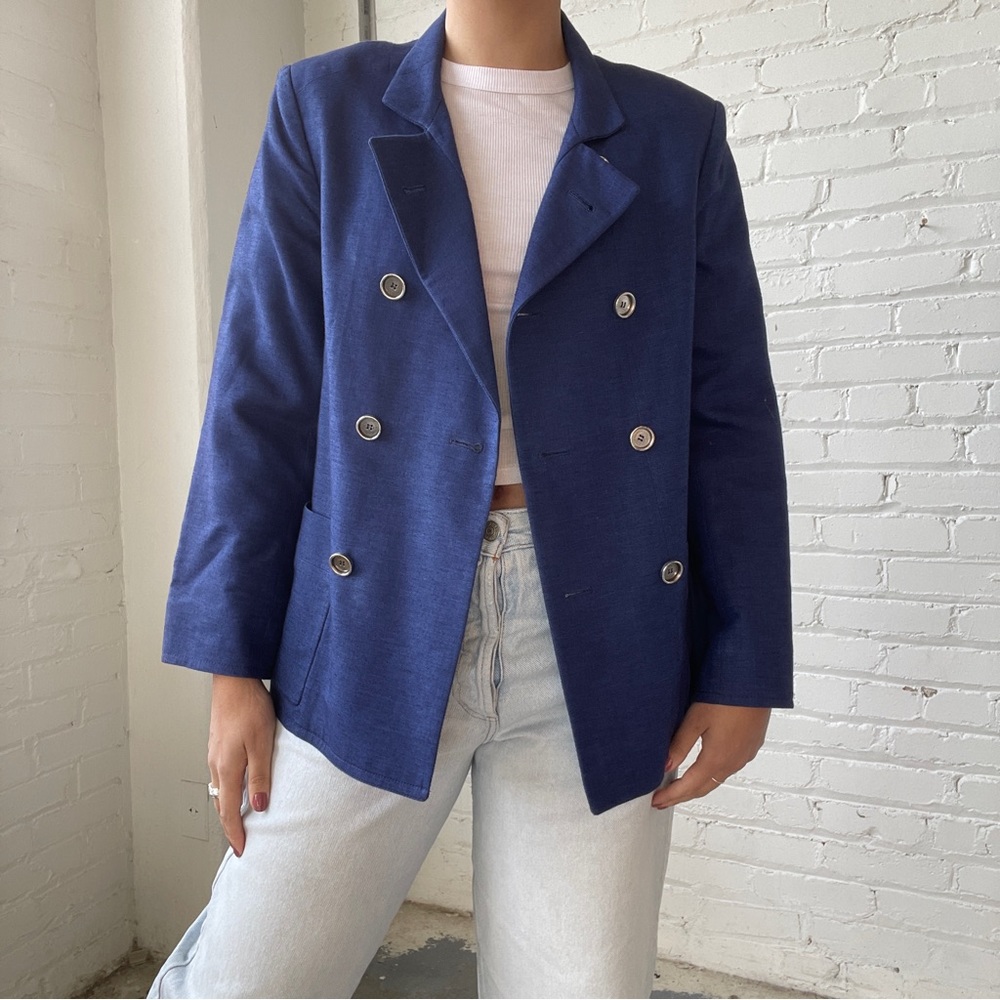 Balenciaga Denim Blue Linen Double Breasted Blazer Jacket - Picture 1 of 5